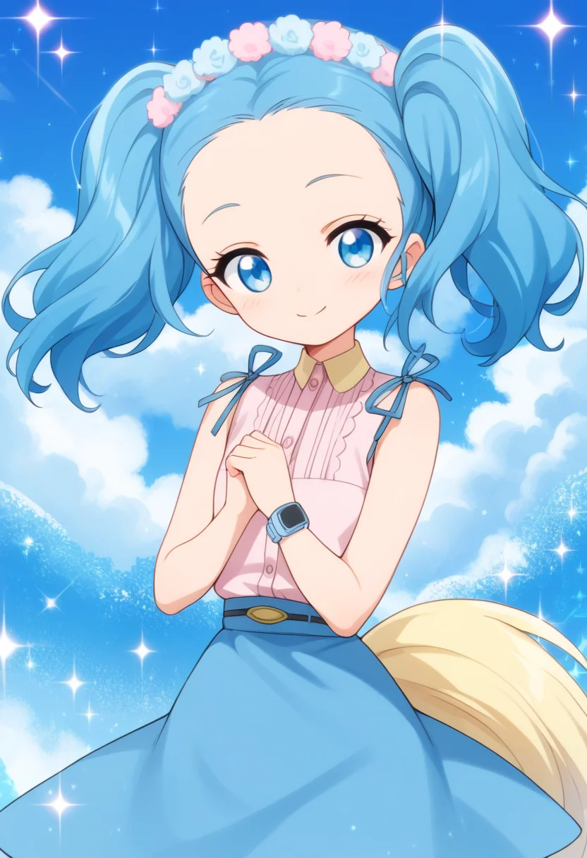 score_9, score_8_up, score_7_up, score_6_up, score_5_up, BREAK
twintails, blue eyes, blue hair, tail, wristwatch, pink shirt, blue skirt, hair ornament, head wreath, 1girl, solo, smile, blush, looking at viewer, sparkle, blue theme, forehead