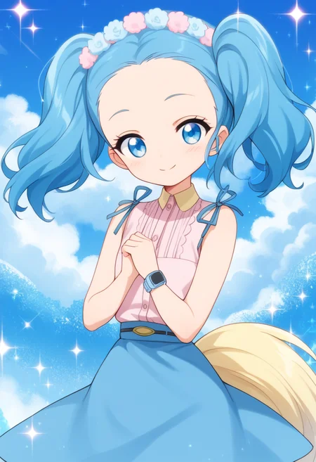 score_9, score_8_up, score_7_up, score_6_up, score_5_up, BREAK
twintails, blue eyes, blue hair, tail, wristwatch, pink shirt, blue skirt, hair ornament, head wreath, 1girl, solo, smile, blush, looking at viewer, sparkle, blue theme, forehead