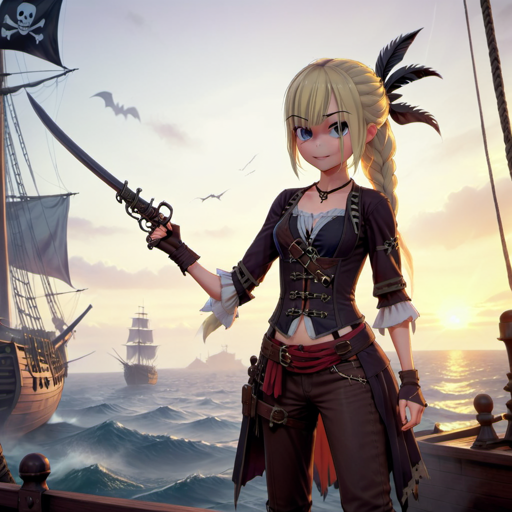Ayane Amamiya, ((npasto style)) (inkpunk) style illustration of a full body shot, cinematic film still of strybk, a cute teenage  female, dressed as a pirate, blonde hair, very long hair, long braid, ( sadistic smile:1.1),  glint eyes, predatory look, fantasy, holding a cutlass, holding old pistol, cartoon,  sunset, a large pirate ship with a pirate flag in the background,  <lora:Ayane_Amamiya:1>, <lora:sdxl_lora_pirate2:1>