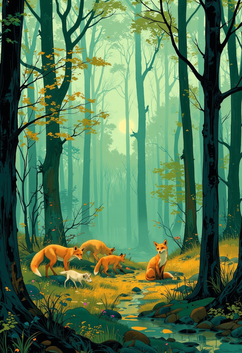A serene and enchanting woodland scene bathed in soft, ethereal light. The forest is filled with tall, bare-branched trees shrouded in a gentle lime mist, creating a dreamlike and otherworldly atmosphere. A group of foxes grazes peacefully among the delicate underbrush, their graceful forms illuminated by the warm glow of the rising sun filtering through the trees. The soft hues of green, teal, and golden light blend harmoniously, adding depth and tranquility to the scene. The composition exudes a sense of calm, beauty, and connection to nature, with a painterly art style emphasizing the magical quality of the moment.