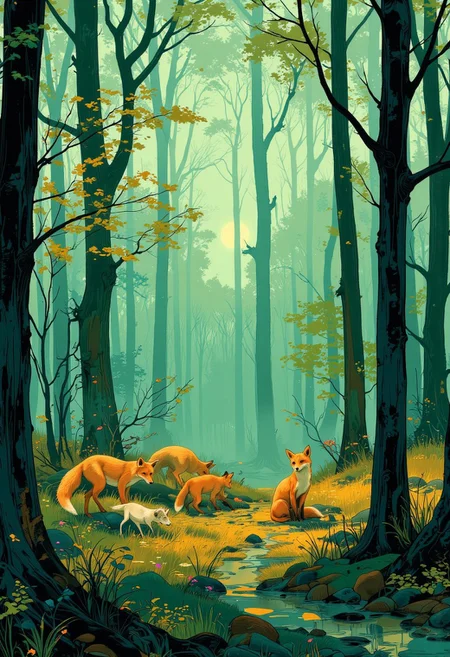 A serene and enchanting woodland scene bathed in soft, ethereal light. The forest is filled with tall, bare-branched trees shrouded in a gentle lime mist, creating a dreamlike and otherworldly atmosphere. A group of foxes grazes peacefully among the delicate underbrush, their graceful forms illuminated by the warm glow of the rising sun filtering through the trees. The soft hues of green, teal, and golden light blend harmoniously, adding depth and tranquility to the scene. The composition exudes a sense of calm, beauty, and connection to nature, with a painterly art style emphasizing the magical quality of the moment.