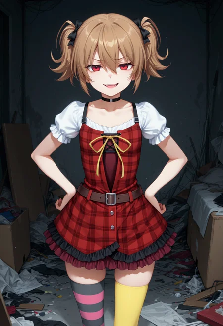 solo, 1girl, <lora:Irisu_Makina_20:1>, red eyes, brown hair, hair between eyes, short hair, short twintails, hair bow,
M4k1Cas, black bow, choker, collarbone, pinafore dress, red dress, plaid dress, belt, white sleeves, short sleeves, puffy sleeves, ribbon, layered skirt, mismatched legwear, asymmetrical legwear, pink striped thighhighs, black striped thighhighs, yellow thighhighs,
looking at viewer, hand on own hip, open mouth, smirk, straight-on, messy room, very awa, masterpiece, best quality, highres, absurdres