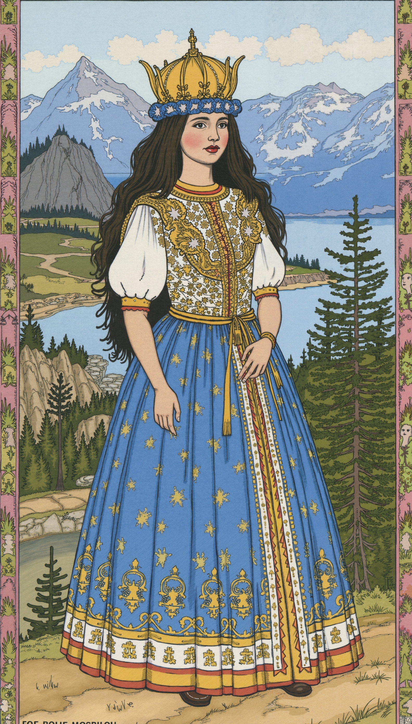 An illustration of a beautiful Russian girl queen in a traditional Slavic dress style. She has long, dark hair and wears a crown adorned  with intricate designs. The queen's dress is blue and gold, with a pattern of stars and stripes. The background is a serene landscape of mountains, trees, and a body of water. The overall image has a fairytale-like quality