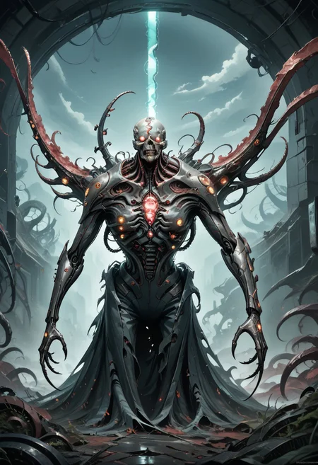 biomechanical, score_9, score_8_up, score_7_up, score_6_up, score_5_up, very aesthetic, fleshmutant, science fiction, mechanical parts, biohazard, glow, cyberpunk, biopunk, A towering celestial entity of biomechanical design, both divine and nightmarish in form. Countless metallic wings, layered like blades of a great machine, extend from its back in a shifting halo of luminous, golden-steel feathers, each one inscribed with ever-changing scripture. A writhing mass of interlocking rings and shifting, eye-covered plates forms its core, spinning in synchronized, unsettling perfection. Every eye glows with an otherworldly radiance, unblinking and omniscient, their gaze piercing through the soul. Tubes and sinewy cables weave through its body, pulsing with strange, ethereal fluids, sustaining its impossible existence between flesh and divine machinery. Its voice is a chorus of overlapping frequencies, both holy and inhuman, resonating with commands that shake reality itself. Beneath its many wings, glimpses of elongated tentacles—part organic, part metallic—move with eerie precision, each finger tipped with delicate, needle-like extensions. The presence of the entity is overwhelming, evoking awe and terror, as if reality itself strains to comprehend its form. The backdrop is a sky torn apart by radiant fractal light, where the fabric of existence bends in reverence to its impossible holiness.