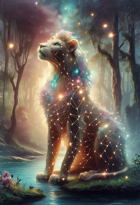 watercolor, score_8_up, score_7_up, score_6_up, source_anime, realistic, solo, (dutch angle), looking up longingly, starry_morph, delicate brown galaxy patterned magnificent lion, full body, four legs, resting, near a body of water bubbling spring, colorful flowers, enchanted forest background, pastoral, no humans.
<lora:TLUXLP:.8> tlu <lora:galaxyXLP:.6> <lora:Starry_Morph_PonyXL:1>