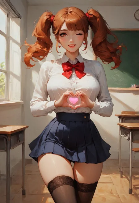 score_9, score_8_up, score_7, w1ln4y4, Expressiveh, digital painting, high quality, highly detailed, high contract, beautiful shading, 1girl, hourglass figure, wide hips, long brown hair, brown eyes, happy eyes, long black eyelashes, dark eyeshadow, cute smile, parted lips, white shirt, red bowtie blue pleaded short skirt, thigh high socks, arched back, classroom, Heart Hands, wink, floating heart