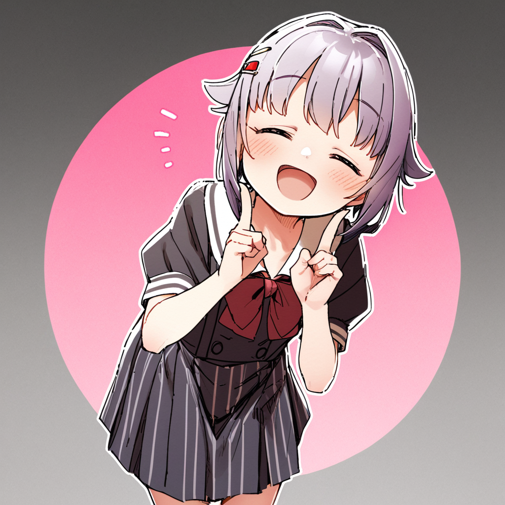 masterpiece, best quality, <lora:style21-a31-000017:1>,koshimizu sachiko, 1girl, solo, shirt, skirt, closed eyes, white shirt, smile, suspender skirt, suspenders, blush, short sleeves, striped, black skirt, bow, bangs, hair ornament, :d, vertical stripes, hairclip, open mouth, red bow, hair flaps, ^_^, striped skirt, facing viewer, vertical-striped skirt, puffy sleeves, puffy short sleeves, leaning forward, hands up, purple hair, collared shirt, pleated skirt, white sailor collar, index finger raised, hair intakes, sailor collar, grey hair, floral background, pink background, two-tone background, gradient background, school uniform, gradient, pinstripe pattern, short hair, white background, notice lines