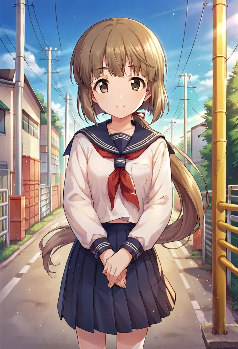 score_9, score_8_up, score_7_up, source_anime,yorita yoshino, brown hair, brown eyes, long hair, 1girl, school uniform, solo, serafuku, smile, skirt, ponytail, power lines, looking at viewer, outdoors, ribbon