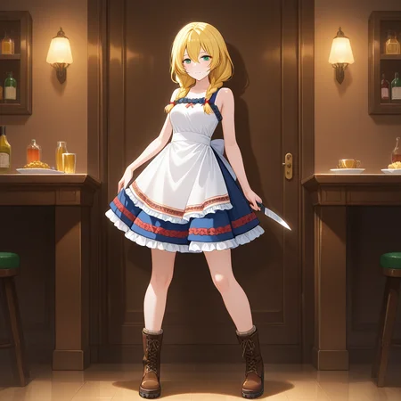 restaurant,mood lighting,standing, legs apart, masterpiece, best quality, amazing quality, newest,1girl,<lora:witch_viola:1>,Witch_viola,blonde hair,braid,green eyes,twin blaid,long hair,hair between eyes,viola_outfit,dress,sleeveless,bare shoulders,boots,brown footwear,sleeveless dress,white dress,apron,cross-laced footwear,frills,knife