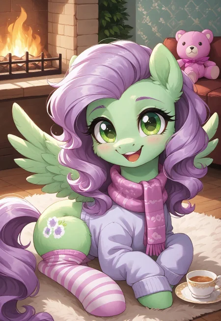 masterpiece, score_9_up, score_8_up, score_7_up, score_6_up, source_pony, (best quality:1.1), ultra-detailed, high resolution, solo, highly detailed macro illustration BREAK 1girl, feral, pegasus wings, (big beautiful Light green eyes), long eyelashes, Light Purple Hair, (Long Wavy Hair), Light Green Fur, (happy expression, cute face:1.5), hooves, tail, (lavender cutie mark), sweater, (pattern socks:1.4), scarf, stuffed animal, BREAK lying, (holding teacup:1.3), fireplace, fluffy rug BREAK indoors, warm light, BREAK sharp focus, perfect lighting, anatomically correct, extremely detailed, tranquil setting, high detail, detailed background, OverallDetail, zPDXL3