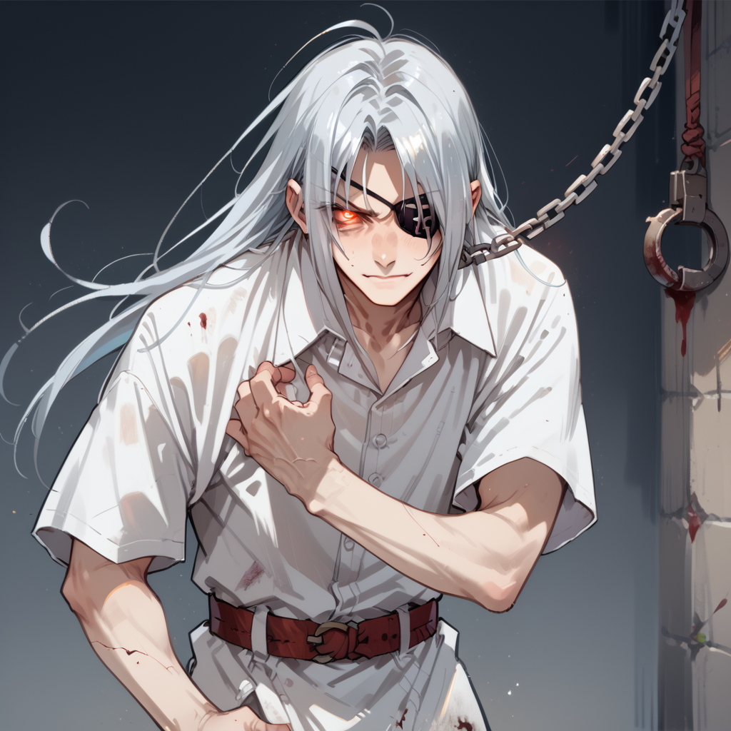 shin natsume, tenjo tenge, ah1, 1boy, long hair, gray hair, parted bangs, score_9, score_8_up, score_7_up, score_6_up, source_anime, white shirt, simple background, eyepatch, <lora:Shin_Natsume_from_Tenjo_Tenge:1>, (Peering out from behind an ancient, tattered curtain), (Abandoned, blood-soaked dungeon where skeletal prisoners remain chained to the walls), red eye, glowing eye, evil smile,