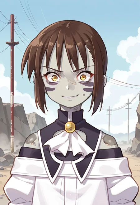 score_8, score_8_up, score_7_up, source_anime, anime screenshot, 1girl, female focus, solo, Natsumi_SN1, Facial Mark, (grey skin:2), pale skin, constricted pupils, yellow eyes, brown hair, short hair, bangs, sidelocks, short hair with long locks, capelet, neck bell, ascot, off-shoulder shirt, bare shoulders, juliet sleeves, long sleeves, upper body, looking at viewer, smug, outdoors, bare tree, rock, grey ground, grey dirt, wasteland