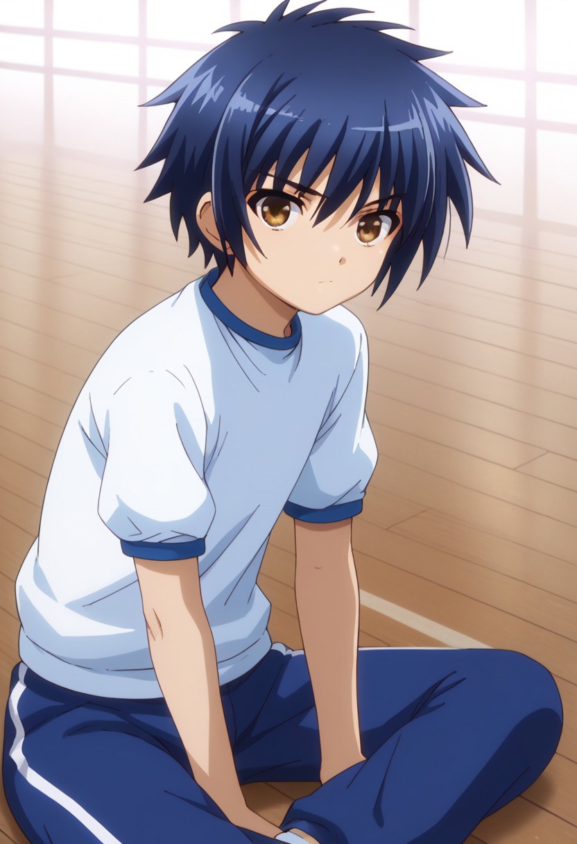 score_9, score_7_up, source_anime 
natsuhi, 1boy, male focus, solo, brown eyes, blue hair, bangs, sportwear, gym uniform, shirt, white shirt, t-shirt, short sleeves, pants, track pants, sitting, on ground, indoor,