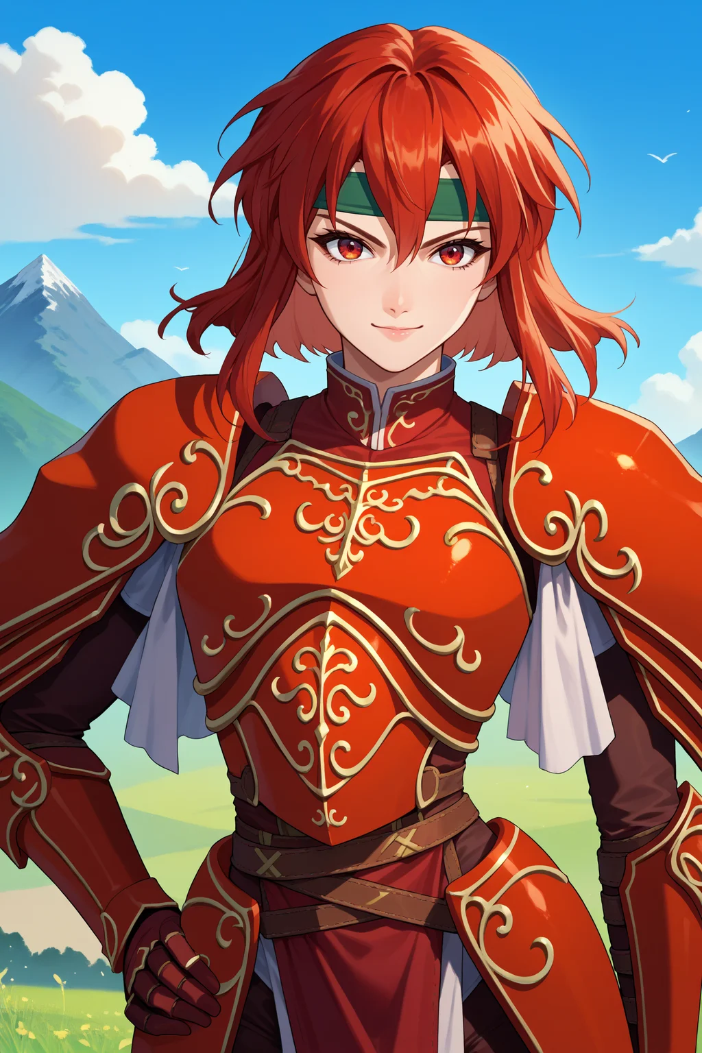 score_9, score_8_up, score_7_up, score_6_up, source_anime, 1girl, solo, <lora:feminerva-pdxl-nvwls-v1-000005:1> feMva, red hair, short hair, red eyes, green headband, red armor, shoulder armor, gauntlets, gloves, brown pants, pelvic curtain, armored boots, looking at you, serious, smile, upper body, blue sky, mountains, hand on hip