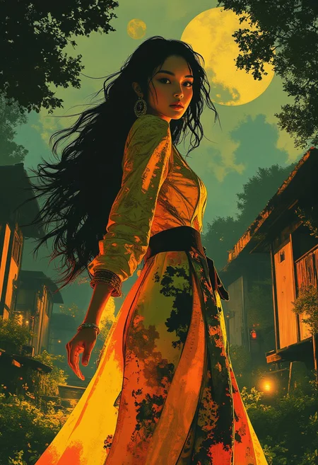 midjourney_whisper_avant_couture, breathtaking detailed, masterpiece, awe-inspiring, radiant, magnificent, portrait of stunning oriental woman, long dark hair, long multicoloured dress, walking in formal japanese garden, viewed from side, glancing at viewer