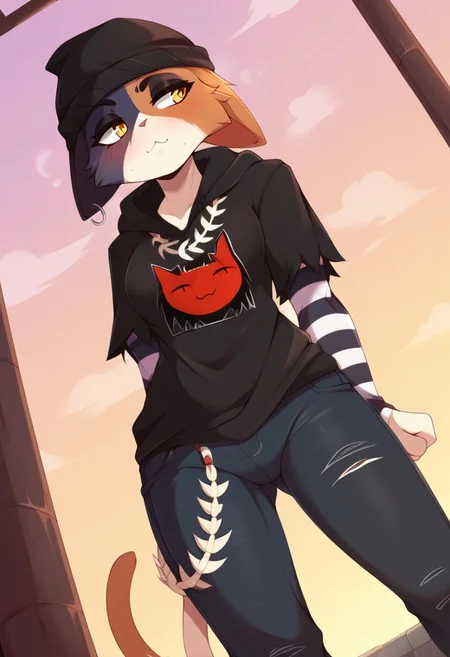 score_9, score_8_up, score_7_up, (by teranen), outdoor, sexy, sweat, dutch angle, looking aside, high quality, hires, solo, detailed background, easynegative, pose, pawpads, (horny), steam,
me0wsklls, furry female, body fur, two-tone fur, cat ears, orang eyes, cat tail, crawls, black beanie, black hoodie, layered sleeves, long over short sleeves, striped sleeves, pants, jeans, torn pants