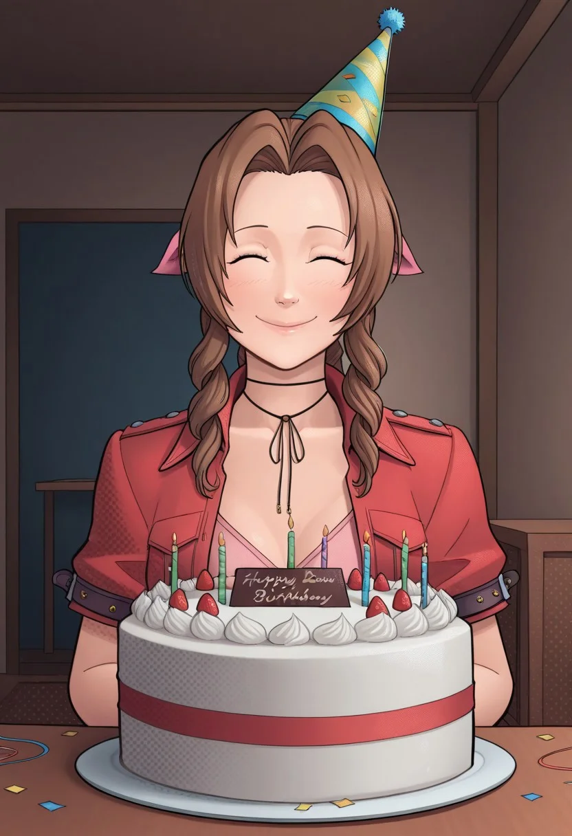 (1girl, solo),
masterpiece, best quality, amazing quality,
rzlln, ((halftone)),
aerith gainsborough, party hat, party popper, confetti,
indoors, smiling, eyes closed, table, birthday cake
