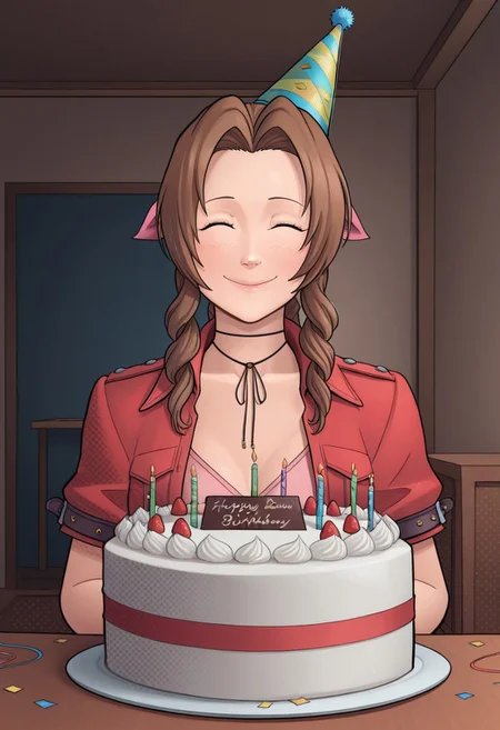 (1girl, solo),
masterpiece, best quality, amazing quality,
rzlln, ((halftone)),
aerith gainsborough, party hat, party popper, confetti,
indoors, smiling, eyes closed, table, birthday cake