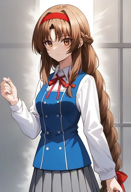 best quality, 4k, rating_safe, very aesthetic, source_anime,1girl, <lora:Takao:0.9>,takao,brown hair,brown eyes,long hair,single braid,red hairband,neck ribbon,white shirt,long sleeves,blue vest,gray skirt,school uniform,