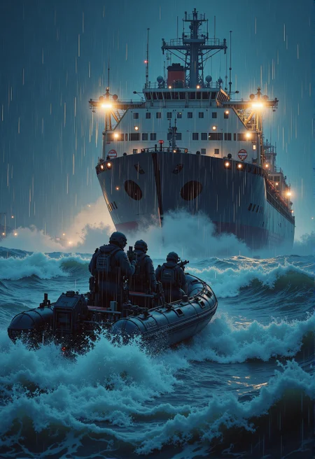 <lora:ck-ghost-reaper:0.9>,
a scene under the cover of night, a tactical team races through rough seas toward a massive cargo freighter, its towering structure glowing with industrial floodlights. The Zodiac boat cuts through the frothy waves as rain pours, drenching the operators. The soldiers are positioned strategically, their body language indicating focus and readiness, weapons aimed at unseen targets. The ship's metal hull glistens ominously, with water pouring off its sides in thunderous sheets. The mood is cinematic, blending the raw power of the ocean with the cold precision of a military mission.