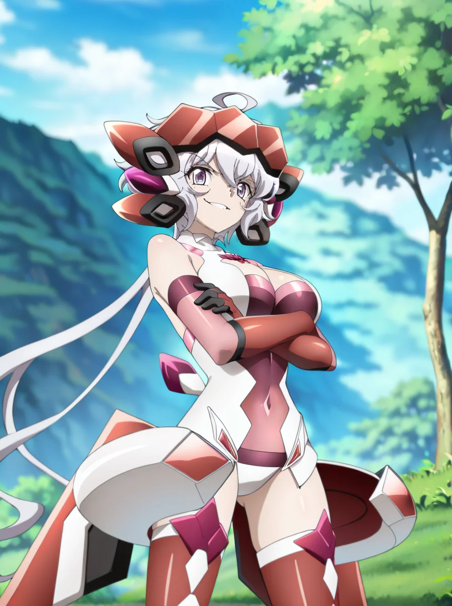 masterpiece, best quality, amazing quality, very aesthetic, absurdres, newest, anime screenshot,
<lora:YukineChrisIL:1>1girl, solo, purple eyes, long hair, twintails, ahoge yukinegear looking at viewer, thighhighs, cleavage, covered navel, leotard smirk, headgear, crossed arms, elbow gloves, outdoors symphogear pendant,