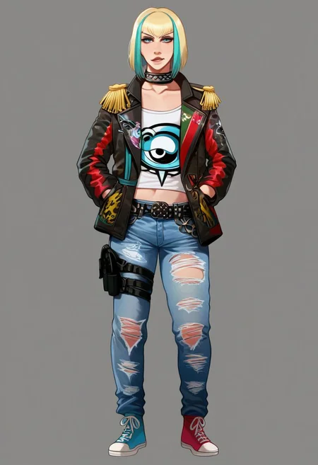 score_9, score_8_up, score_7_up,derpibooru_p_95, anime style,
ela, ela \(Rainbow Six Siege\), ela elite \(Rainbow Six Siege\),1girl, solo, looking at viewer, short hair, bangs, blonde hair, shirt, long sleeves, blue hair, standing, jacket, full body, white shirt, multicolored hair, open clothes, shoes, belt, pants, nail polish, collar, open jacket, streaked hair, black jacket, torn clothes, aqua hair, denim, black background, sneakers, black nails, pouch, jeans, holster, print shirt, torn pants, torn jeans