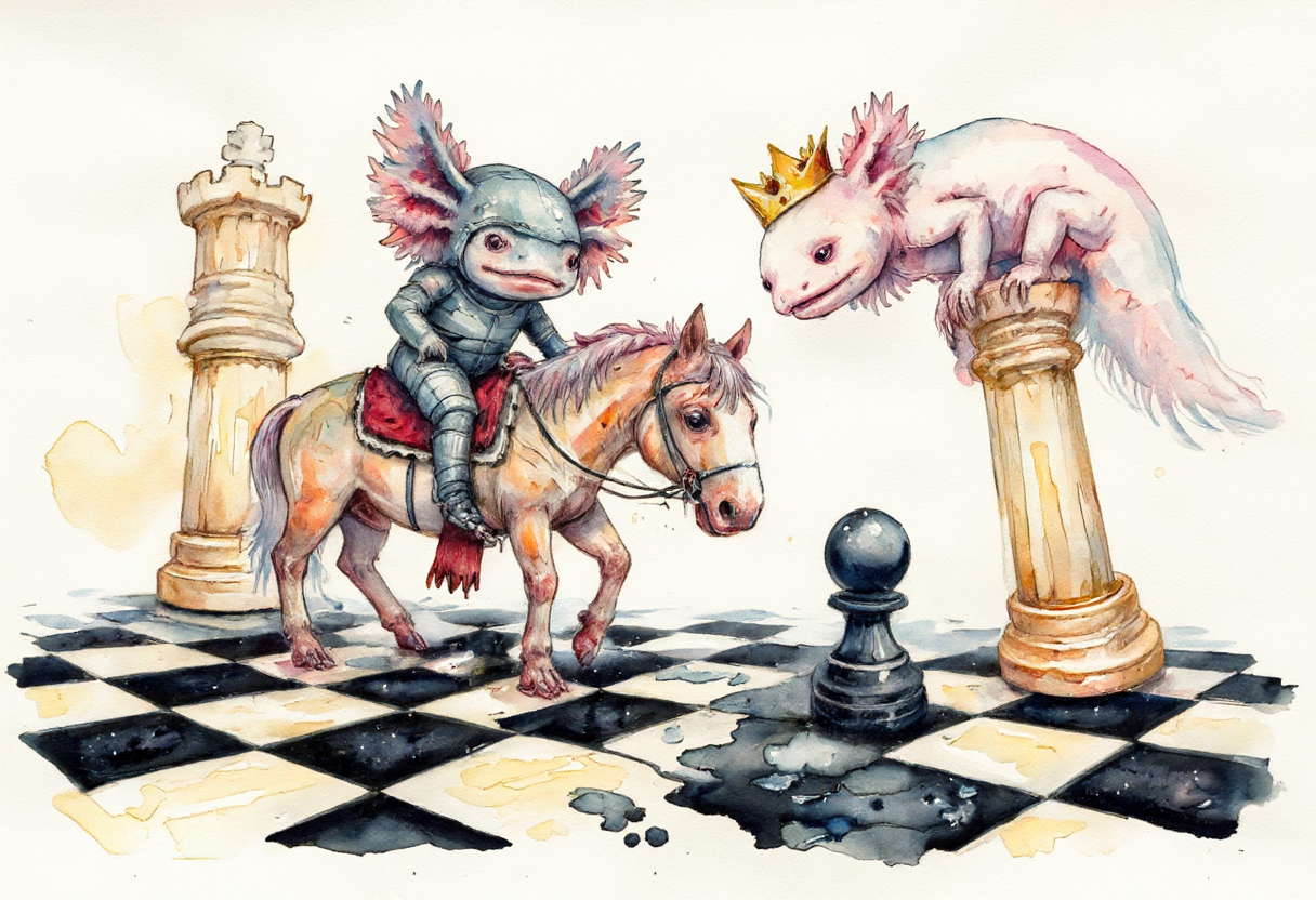 Watercolor painting of, axolotls at a giant chessboard, acting as the chess pieces. One axolotl, dressed as a knight, stands on a horse-shaped piece made of wood, while another, wearing a tiny crown, stands proudly on a king piece. A third axolotl is pushing a pawn piece forward, struggling with the weight. The chessboard is massive, with towering pieces and a checkered floor that stretches out beneath them, giving a sense of grandeur and strategy., the axolotls have pink frilly gills and round black eyes