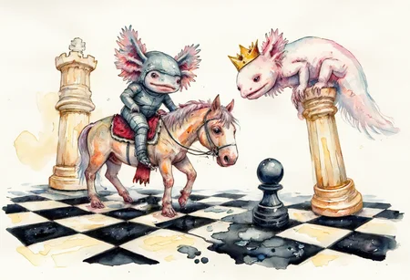 Watercolor painting of, axolotls at a giant chessboard, acting as the chess pieces. One axolotl, dressed as a knight, stands on a horse-shaped piece made of wood, while another, wearing a tiny crown, stands proudly on a king piece. A third axolotl is pushing a pawn piece forward, struggling with the weight. The chessboard is massive, with towering pieces and a checkered floor that stretches out beneath them, giving a sense of grandeur and strategy., the axolotls have pink frilly gills and round black eyes