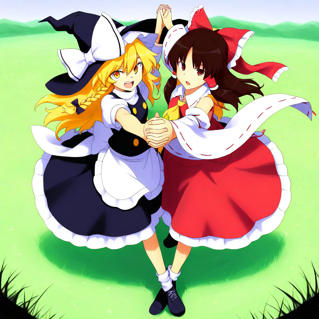masterpiece, best quality, absurdres, 2girls, hakurei reimu, kirisame marisa, SLLT, holding hands, interlocked fingers, arm up, looking at viewer, open mouth, outdoors, plain, grass, full body