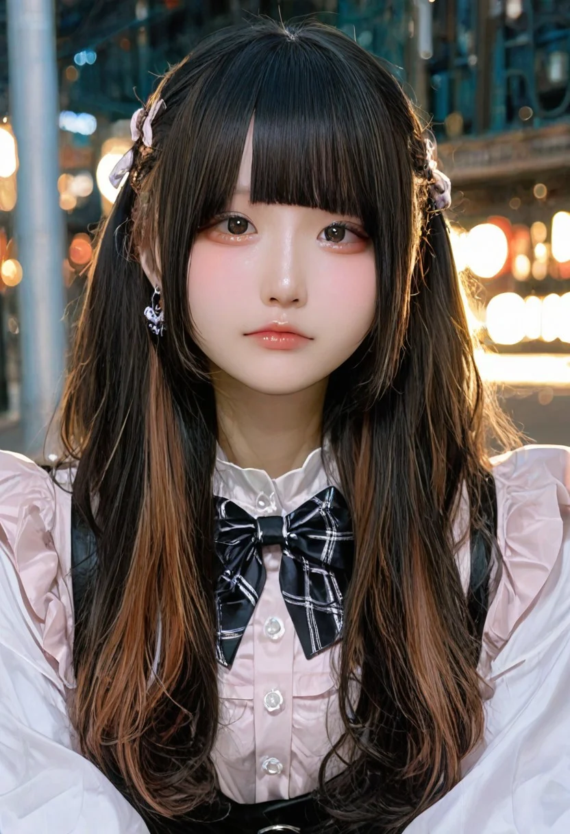 jirai kei, jiraikei face, a woman, solo, long hair, looking at viewer, jewelry, earrings, bangs, eyes, black hair,long sleeves, brown hair, shirt, white shirt, blunt bangs, upper body, dress, multicolored hair, closed mouth, bow, Street background,depth of field,bokeh, realistic,photorealistic,masterpiece,best quality,newest,highres,absurdres,photo,real life, real life insert, real world location, photo background