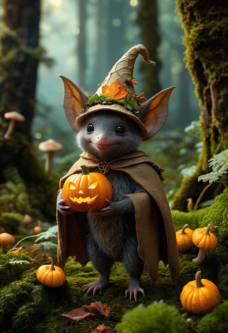 cute little humanoid bat standing confidently in a magical forest, the bat is a small humanoid, cheerful, pumpkin hat, wearing tiny clothes made of leaves and bark, holding a tiny pumpkin, little humanoid bat has tiny delicate features and stands on a patch of moss, surrounded by glowing mushrooms and plants, The background features tall ancient trees with thick twisting roots, ethereal light filtering through the canopy, whimsical and enchanting atmosphere, <lora:MJ52:0.4>, <lora:SDXLFaeTastic2400:0.3>