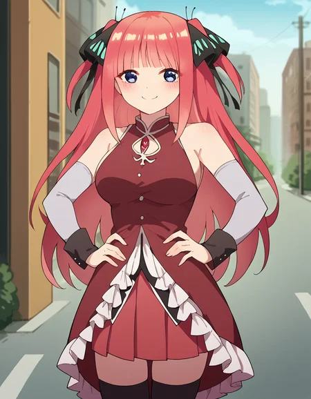 score_9, score_8_up, score_7_up, source_anime, <lora:nnakano-s2-ponyxl-lora-nochekaiser:1>, long hair, bangs, blue eyes, hair ornament, hair ribbon, pink hair, blunt bangs, two side up, butterfly hair ornament, large breasts,, <lora:sakura-kyoko-cosplay-ponyxl-lora-nochekaiser:1>, sakura kyoko cosplay, sakura kyoko (cosplay), black thighhighs, cosplay, detached sleeves, dress, frilled dress, frills, long sleeves, magical girl, miniskirt, pleated skirt, red dress, red skirt, sideboob, skirt, skirt under dress, sleeveless, sleeveless dress, thighhighs, zettai ryouiki,, streets, outdoors, smile, blush, hands on own hips,, cowboy shot, looking at viewer,