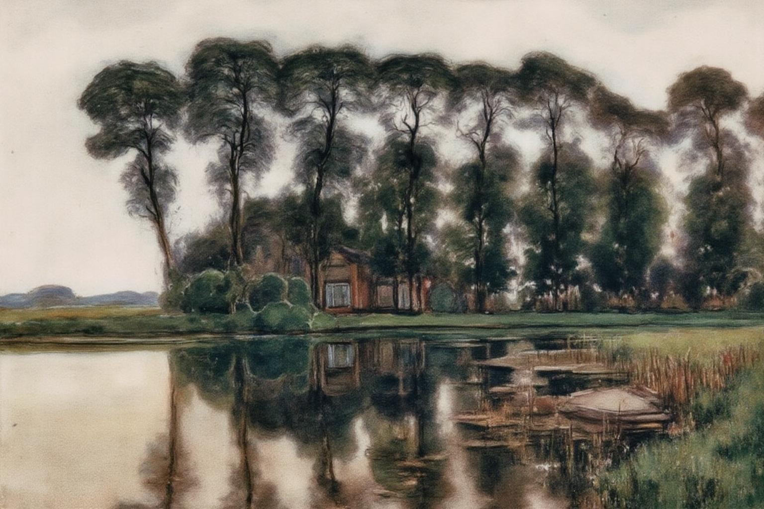 pietmondrian1 painting.
A body of water in the foreground reflects trees and structures. Tall trees with dense foliage are in the middle, and a house or building is partially obscured in the background. <lora:pietmondrian1_cap_d8a4e11:1.0><lora:860662420408898359:0>