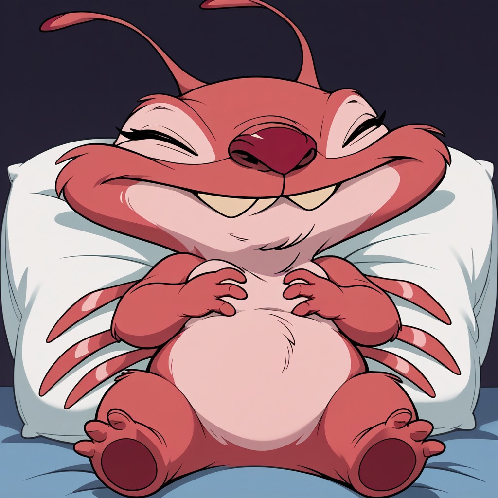 score_9, score_8_up, score_8, score_7, source_cartoon, Holio, solo, semi-anthro, alien, red and pink fur, red nose, antennae, back spikes, overbite, full body, laying on belly, laying on pillow, eyes closed, dark room,