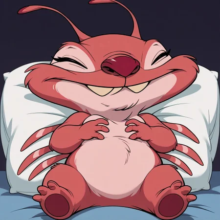 score_9, score_8_up, score_8, score_7, source_cartoon, Holio, solo, semi-anthro, alien, red and pink fur, red nose, antennae, back spikes, overbite, full body, laying on belly, laying on pillow, eyes closed, dark room,