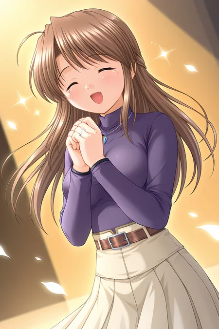 masterpiece, best quality, absurdres, official art, official style, rating general BREAK <lora:fujiedahonami_IL_v1-5:0.7>, fujieda honami, 1girl, solo, brown eyes, yellow eyes, brown hair, grey hair, ahoge, bangs, very long hair, half updo, medium breasts BREAK necklace, turtleneck, purple shirt, long sleeves, impossible shirt, taut clothes, brown belt, belt buckle, ocher corset, ocher skirt, high-waist skirt, long skirt, pleated skirt, closed eyes, tears, happy, blush, smile, happy tears, dutch angle, open mouth, wedding ring, sparkle, wind lift, standing, glowing at backlighting, floating hair, floating petals, own hands together