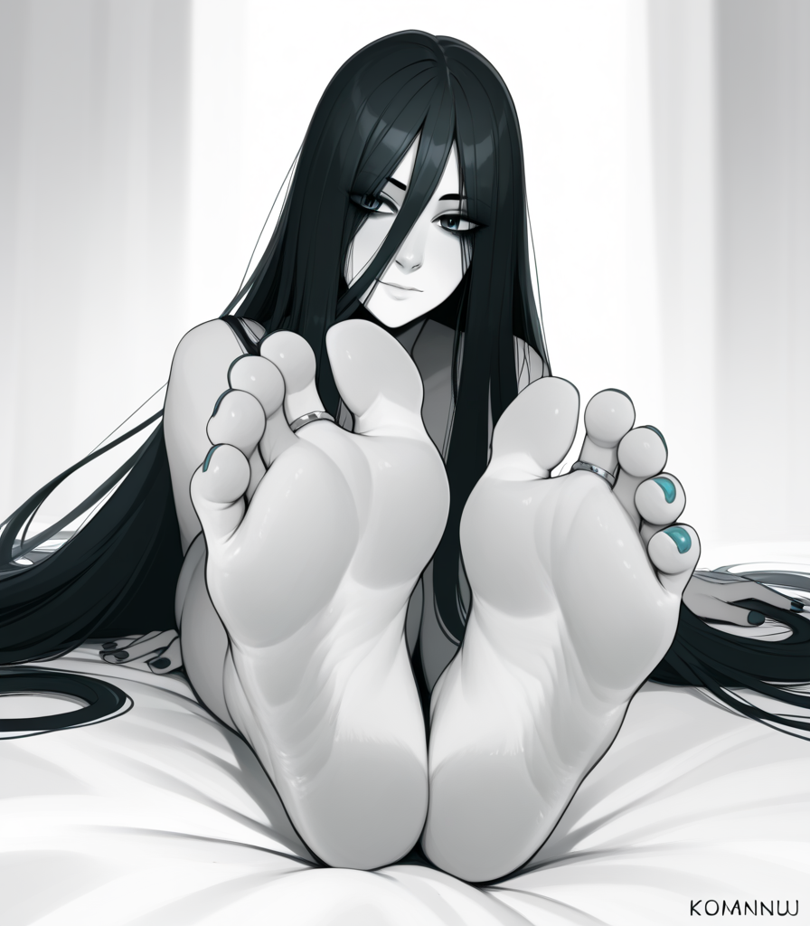 score_9, score_8_up, score_7_up, score_6_up, <lora:Kusujinn:1>, art by Kusujinn, ails, 1girl, aqua nails, barefoot, black hair, black nails, blue nails, feet, fingernails, foot focus, foreshortening, green nails, greyscale, long hair, long toenails, monochrome, nail polish, orange nails, purple nails, soles, solo, spread toes, toe ring, toenail polish, toenails, toes, very long hair, yamamura sadako