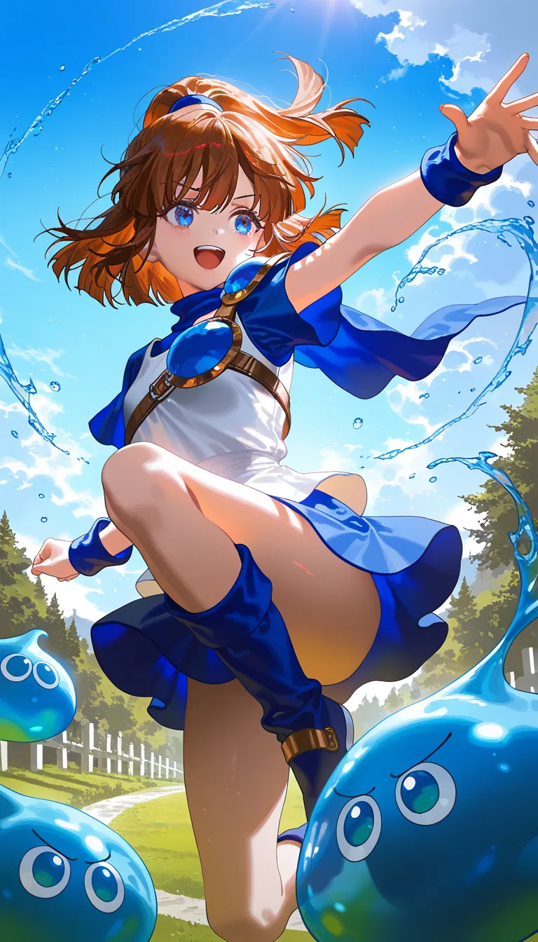 (masterpiece, best quality), amazing quality, very aesthetic, absurdres, highres, newest, HDR, 8K, high detail RAW color art, intricate details, high contrast, detailed background, large pupil, eyelashes, 
miv4t, (quasarcake:0.6447), fajyobore , 1gir, solo, Arle Nadja, brown hair, blue eyes,  puyopuyo, slime, dynamic pose, happy, fun, jumping, running around, sunny day, blue sky, <lora:Aesthetic Quality_noobai_epsilon:0.6>, <lora:Pony People's Works_noob:0.7>,