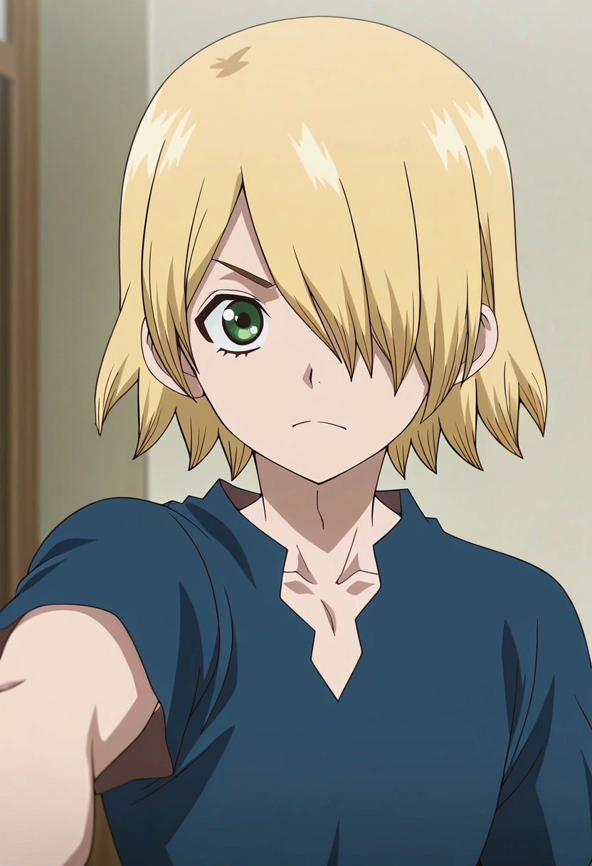 masterpiece, best quality, , anime screencap, anime coloring, official style,, 1boy, solo, male focus, <lora:ginrou_dr_stone_ilxl:0.9>, ginrou_dr_stone, blonde hair, green eyes, short hair, hair over one eye, blue shirt, short sleeves,