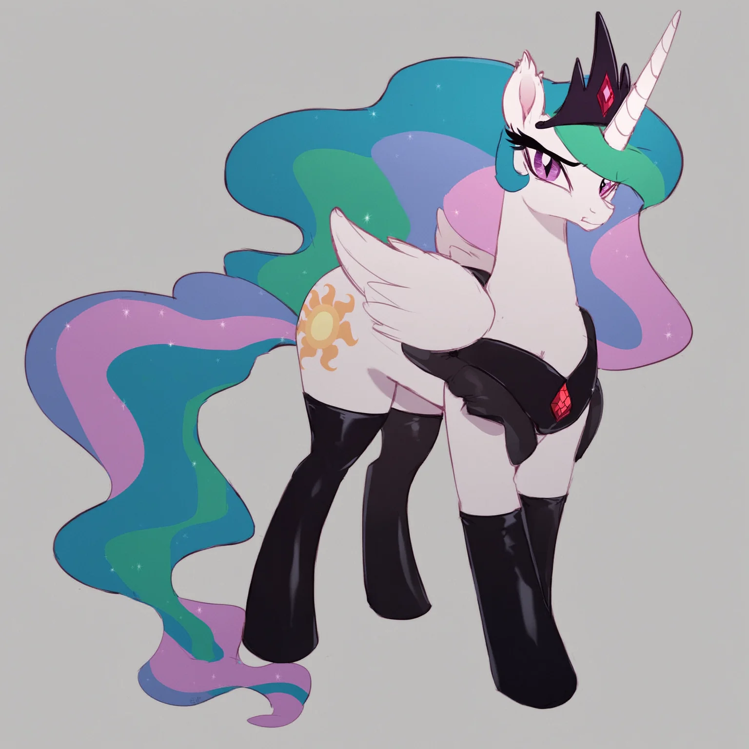 score_9, score_8_up, score_7_up, score_6_up, score_5_up, score_4_up, (evil:1.2) Princess Celestia wearing latex socks, (thick thighs:1.1), bat pony, evil black crown, red gemstone, looking at you, solo, beautiful, my little pony: the movie, (movie accurate:1), full body BREAK simple background, grey background