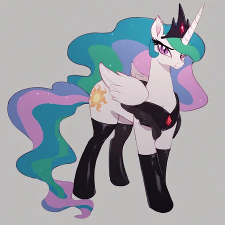 score_9, score_8_up, score_7_up, score_6_up, score_5_up, score_4_up, (evil:1.2) Princess Celestia wearing latex socks, (thick thighs:1.1), bat pony, evil black crown, red gemstone, looking at you, solo, beautiful, my little pony: the movie, (movie accurate:1), full body BREAK simple background, grey background