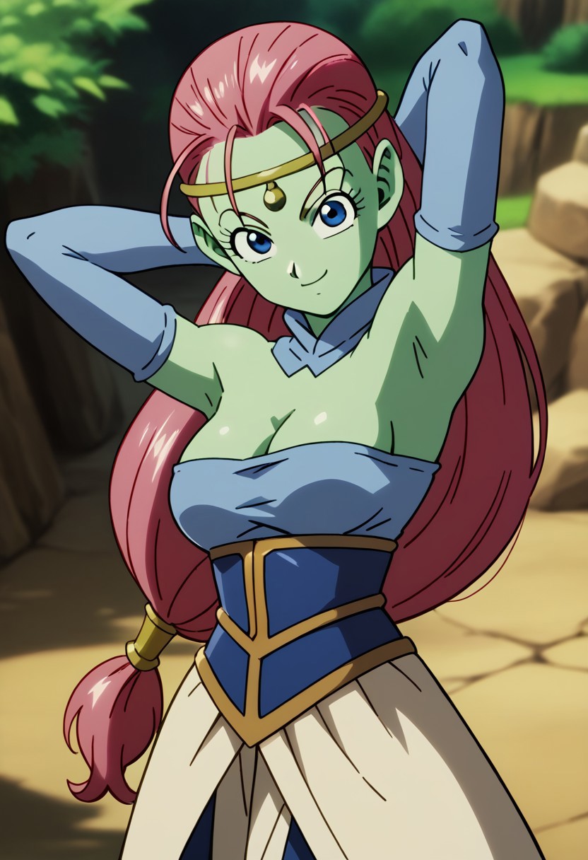score_9,score_8_up,score_7_up,source_anime,caway (dragon ball),1girl,solo,long hair,breasts,looking at viewer,smile,blue eyes,gloves,dress,closed mouth,cleavage,bare shoulders,medium breasts,pink hair,elbow gloves,armpits,colored skin,arms behind head,low-tied long hair,circlet,green skin,