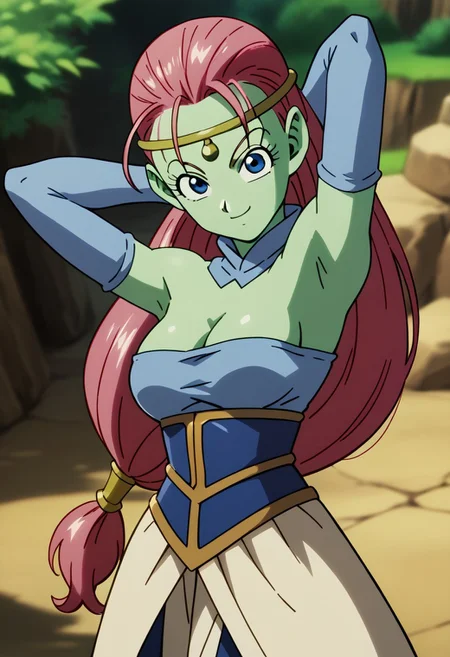score_9,score_8_up,score_7_up,source_anime,caway (dragon ball),1girl,solo,long hair,breasts,looking at viewer,smile,blue eyes,gloves,dress,closed mouth,cleavage,bare shoulders,medium breasts,pink hair,elbow gloves,armpits,colored skin,arms behind head,low-tied long hair,circlet,green skin,