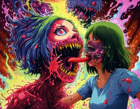 <lora:brho:0.7>brho, girl being consumed by creature with sharp teeth, person with exploding head, liquid goo splattering everywhere, psychedelic, person with no head