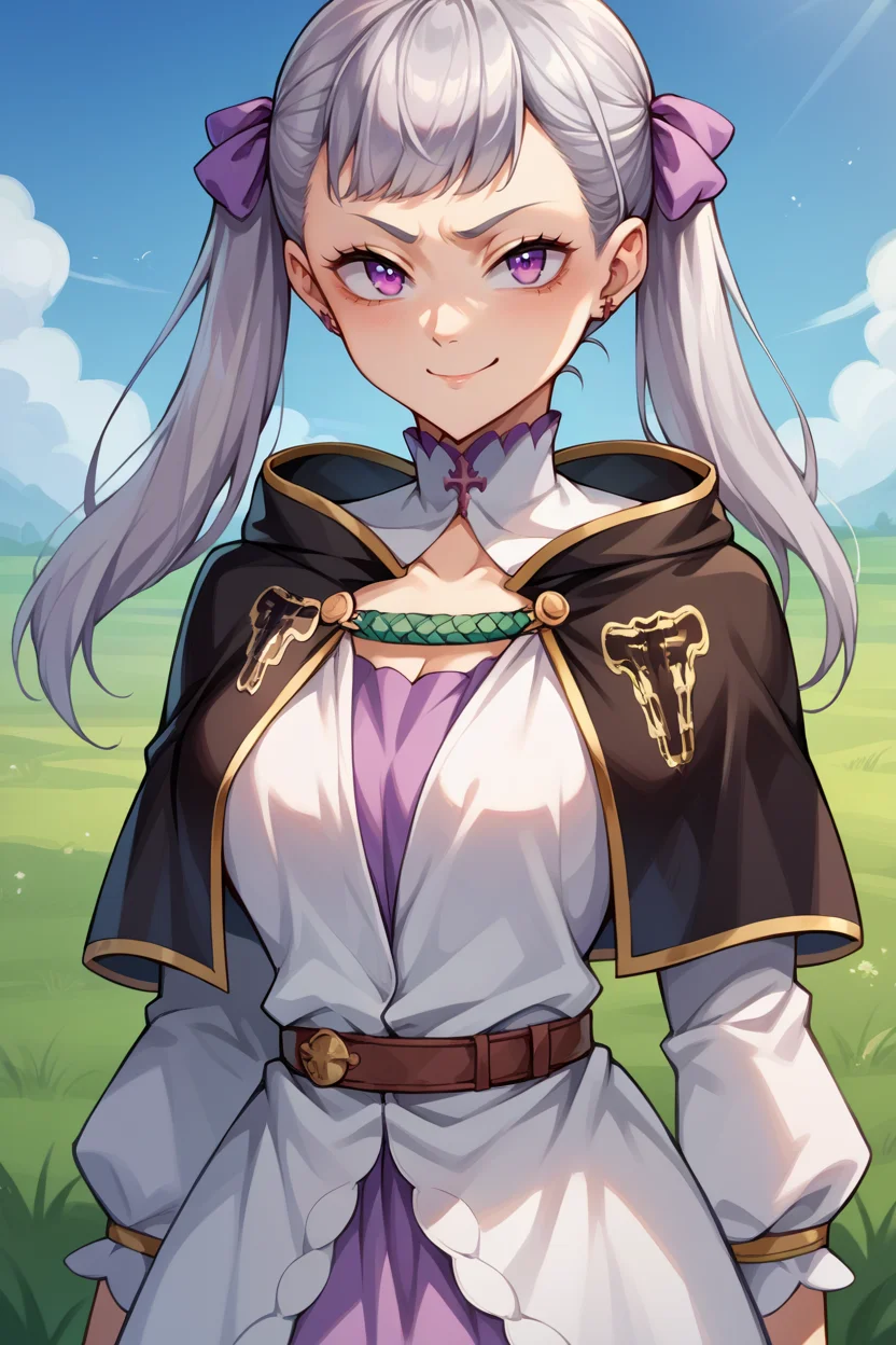 score_9, score_8_up, score_7_up, score_6_up, source_anime BREAK 1girl, <lora:noellesilva-pdxl-nvwls-v1-000005:1> noelle silva, grey hair, purple eyes, twintails, hair ribbon, black capelet, green strap, white and purple dress, long sleeves, belt, looking at you, big breasts, smug, blue sky, field, upper body