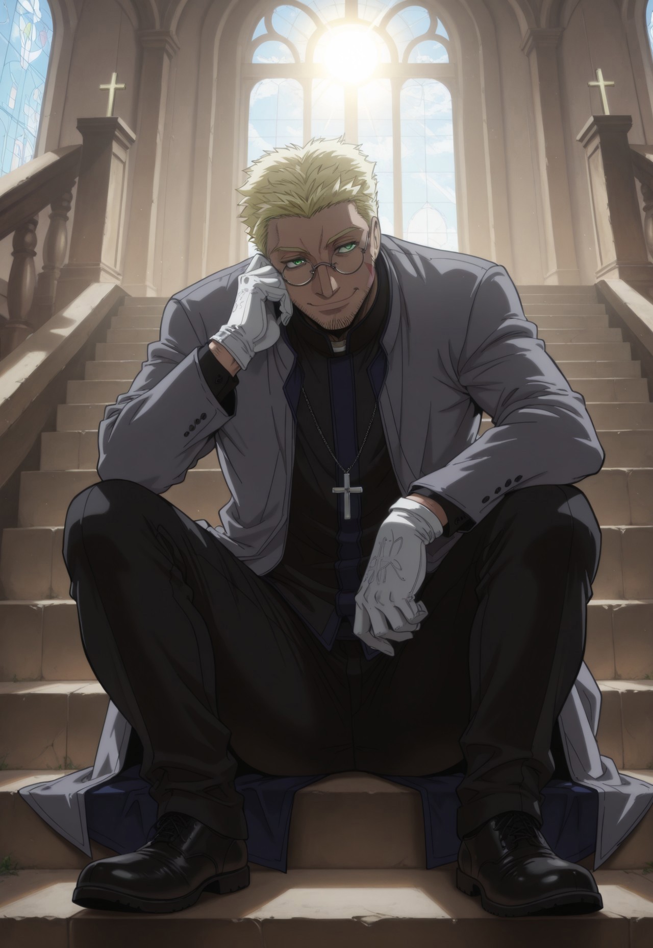 masterpiece, best quality, very aesthetic,
AlexanderAnderson, 1boy, solo, blonde hair, short hair, facial hair, green eyes, glasses, glasses, scar on cheek, cross necklace, grey coat, black jacket, white gloves, black pants, black shoes, sitting, church, outside, stairs, on stairs, smiling, sun, perspective,