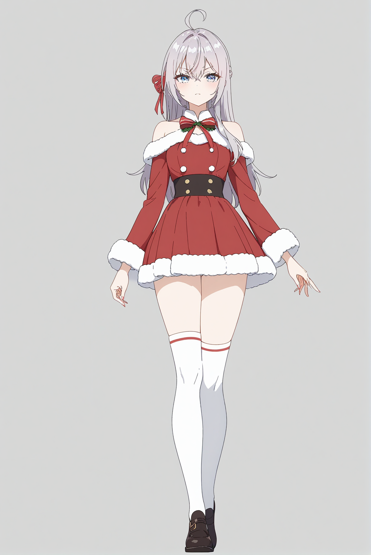 (santa costume), td-alisa, red ribbon, 1girl, solo, narrow waist, masterpiece, absurdres, high quality, highres, best quality, (full body:1.20), recent <lora:td-alisa-V01-000003:0.7>