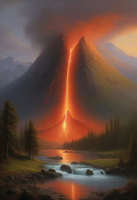 (masterpiece, best quality, highly detailed), stunning, transcendent, realism, a scene of unparalleled natural beauty: a serene lake nestled amidst towering mountains, with a small stream winding through lush meadows. The air is crisp, carrying the scent of pine, while the sky is ablaze with the colors of the setting sun. On the distant horizon, an erupting volcano spews molten lava into the air, casting an eerie red glow on the landscape. Amidst this spectacle, a campfire flickers on the shore, illuminating the water with its warm light. Snow-capped peaks rise majestically, waterfalls cascade down their slopes, and mist hangs in the air. Here, amidst the convergence of air, water, earth, fire, and the raw power of nature, one witnesses a truly transcendent moment of beauty that leaves an indelible mark on the soul, extra water detail, depth of view