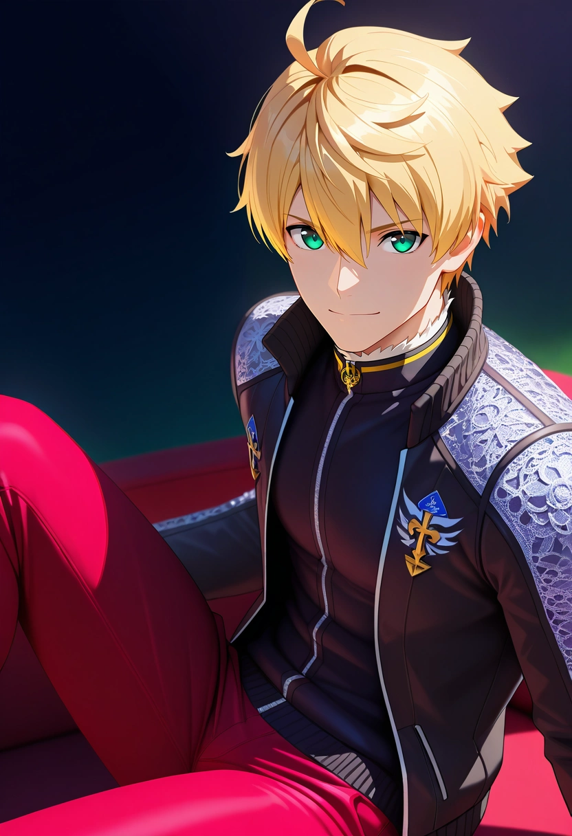 masterpiece, best quality, , (3d:0.4), looking at viewer, 1boy, solo, male focus, <lora:arthur_pendragon_fate_ilxl:0.98>, arthur_pendragon_fate, blonde hair, green eyes, short hair, ahoge, hair between eyes, bangs, , , , Straight-leg chinos, Lurex Lace Puffer jacket, , , and