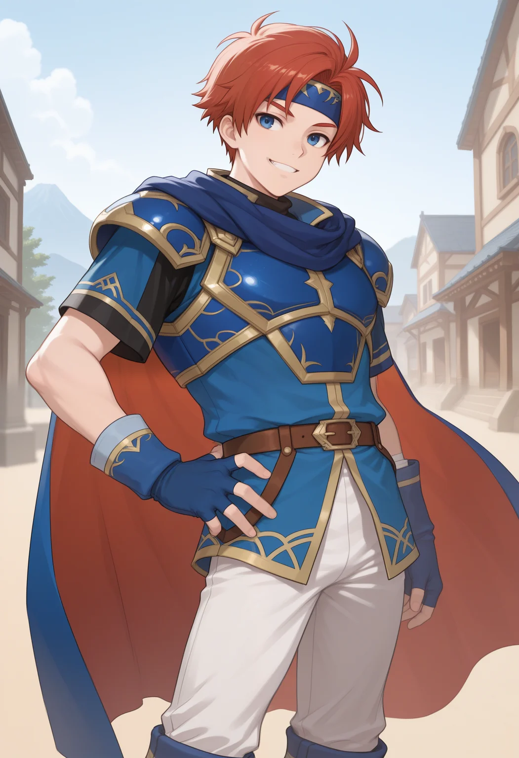 masterpiece,best quality, amazing quality,1boy, solo, r0y, red hair, black undershirt, blue boots, blue cape, blue chest plate, blue fingerless gloves, blue handband, blue scarf, blue tunic, brown belt, white pants, hand on hip, smiling,
outside,